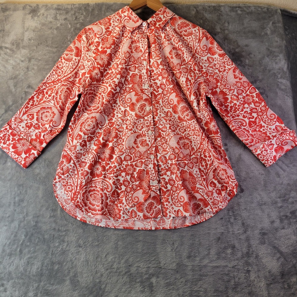 Chicos Womens 1 (US 8) Red Paisley Button Front Blouse 3/4 Sleeve Career Top